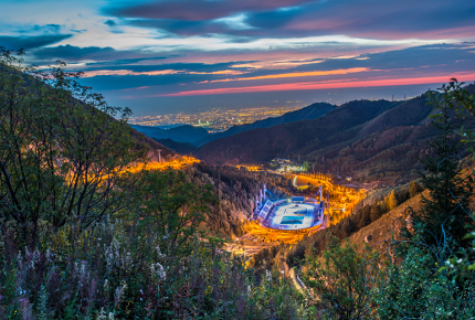 Medeo speed-skating rink at sunset