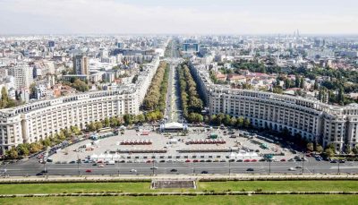An aerial view of Unirii Boulevard and Constitutiei square in Bucharest, Romania