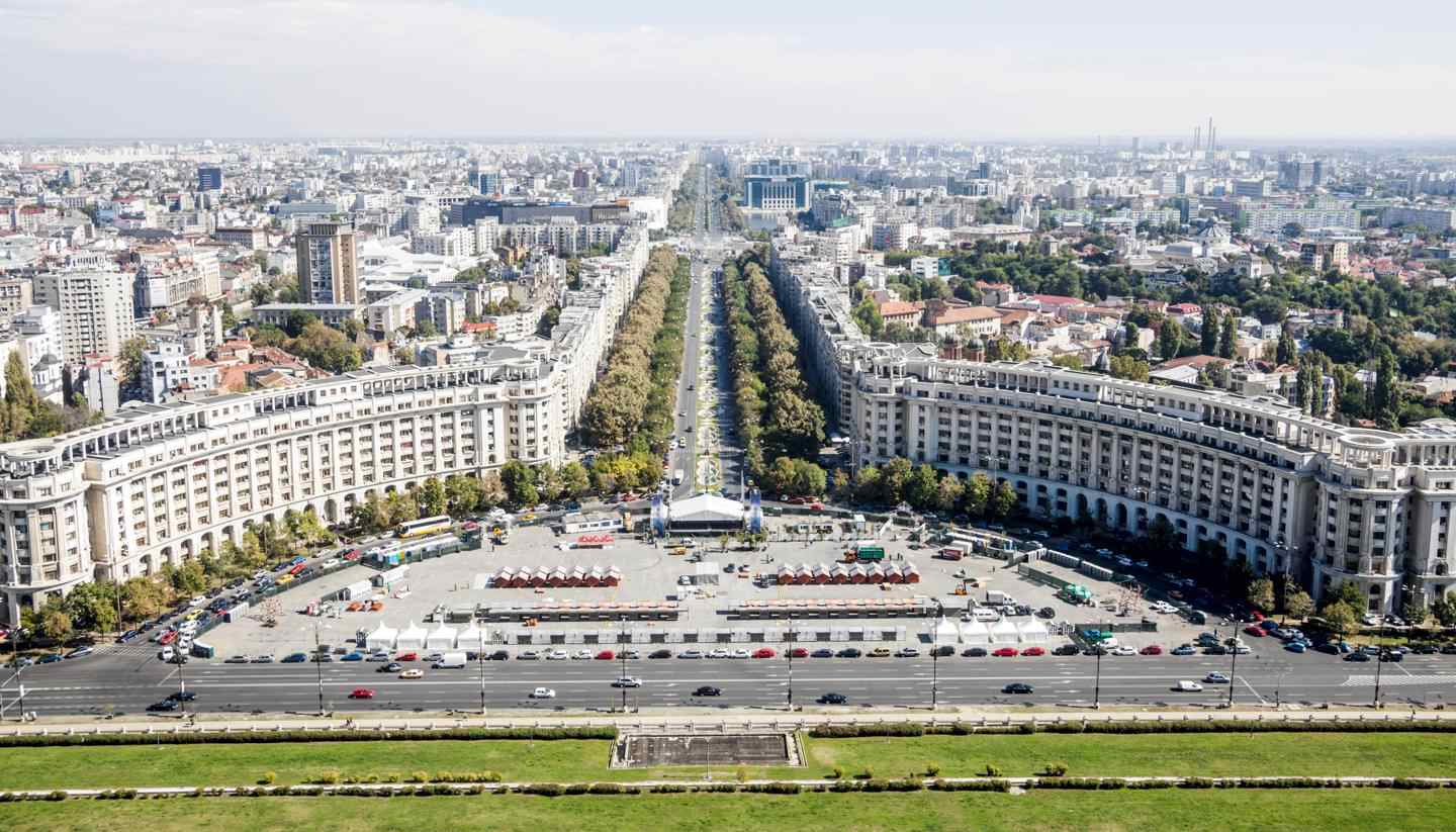 Bucharest - An aerial view of Unirii Boulevard and Constitutiei square in Bucharest, Romania