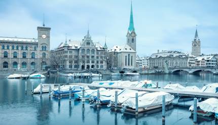 zurich christmas winter snow roofs covered boats switzerland layer city