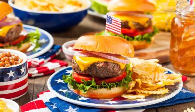 American food; burgers and chips and soda