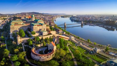Aerial panoramic skyline view of Buda Castle Royal Palace with Szechenyi Chain Bridge, St.Stephen's Basilica, Hungarian Parliament and Matthias Church at sunrise with blue sky