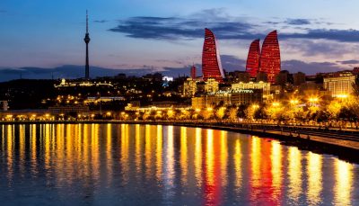 Night views of the Flame Towers, Baku, Azerbaijan