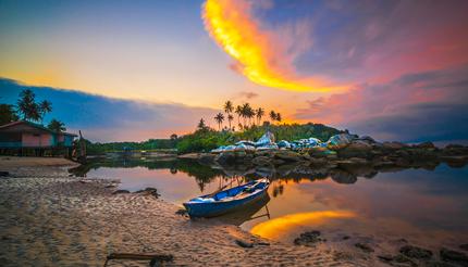 Beautiful sunset in the fishing village of Bintan Island, Indonesia