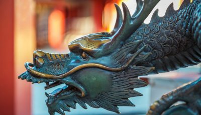 A dragon sculpture at Shitenno-ji Temple in Osaka