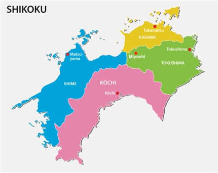 The map of Shikoku and its four prefectures