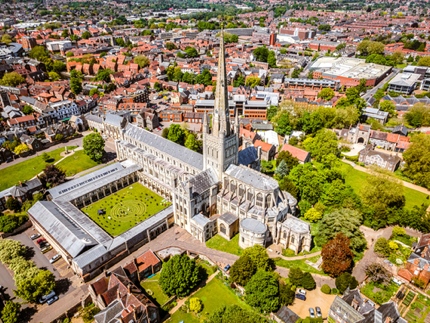 An aerial view of Norwich and its cathedral